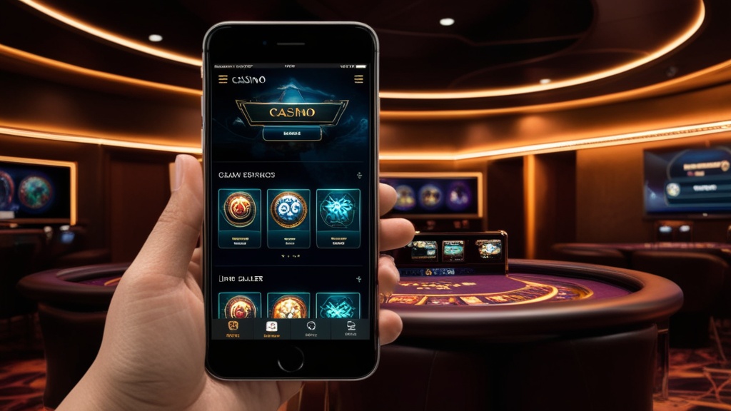 Mobile casino app interface with game tiles and menu shortcuts on a glowing phone screen