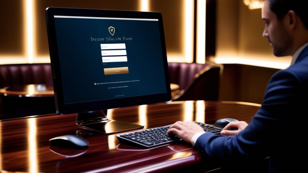Desktop-Login-Bildschirm mit einem Spieler, der sorgfältig Kontodaten eingibt