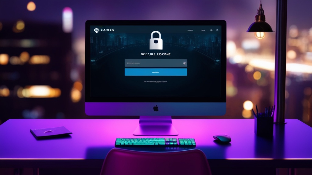Sichere Casino-Login-Seite auf einem Browserbildschirm mit einem Spieler, der die Adresszeile prüft