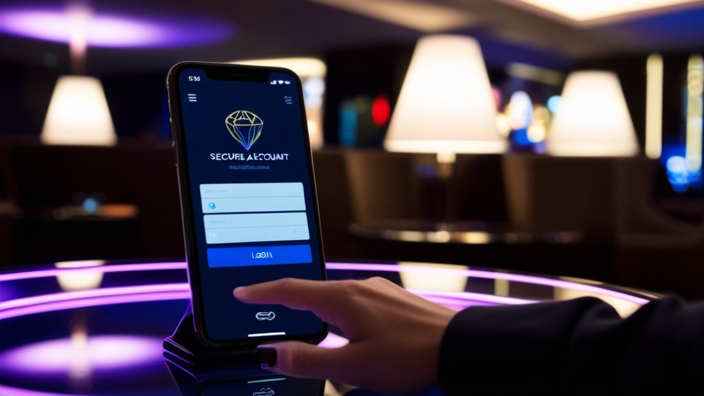 Mobiltelefon mit einer Casino-Login-Seite in einer dunklen Lounge-Umgebung