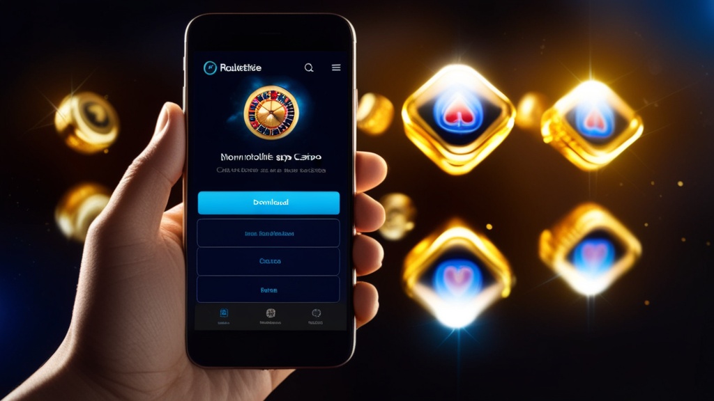 Smartphone showing casino app download options beside a dark neon casino backdrop
