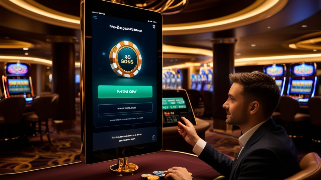 New player viewing a glowing no-deposit bonus in a dark casino lobby