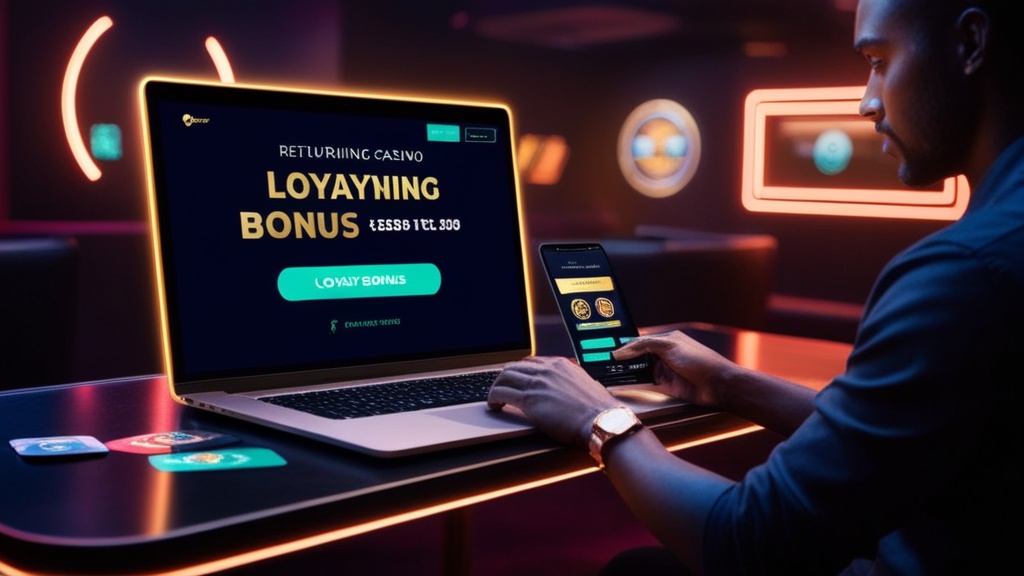 Returning player viewing loyalty bonus offers in a dark casino interface