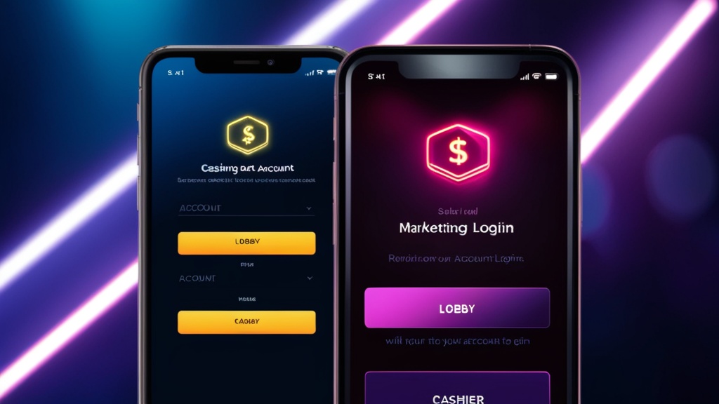Casino app login screen with navigation icons and account access menu on a phone