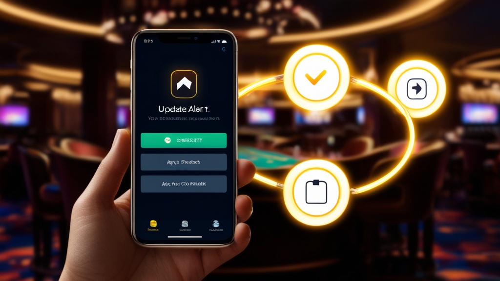Smartphone showing an app update and compatibility check in a dark casino scene